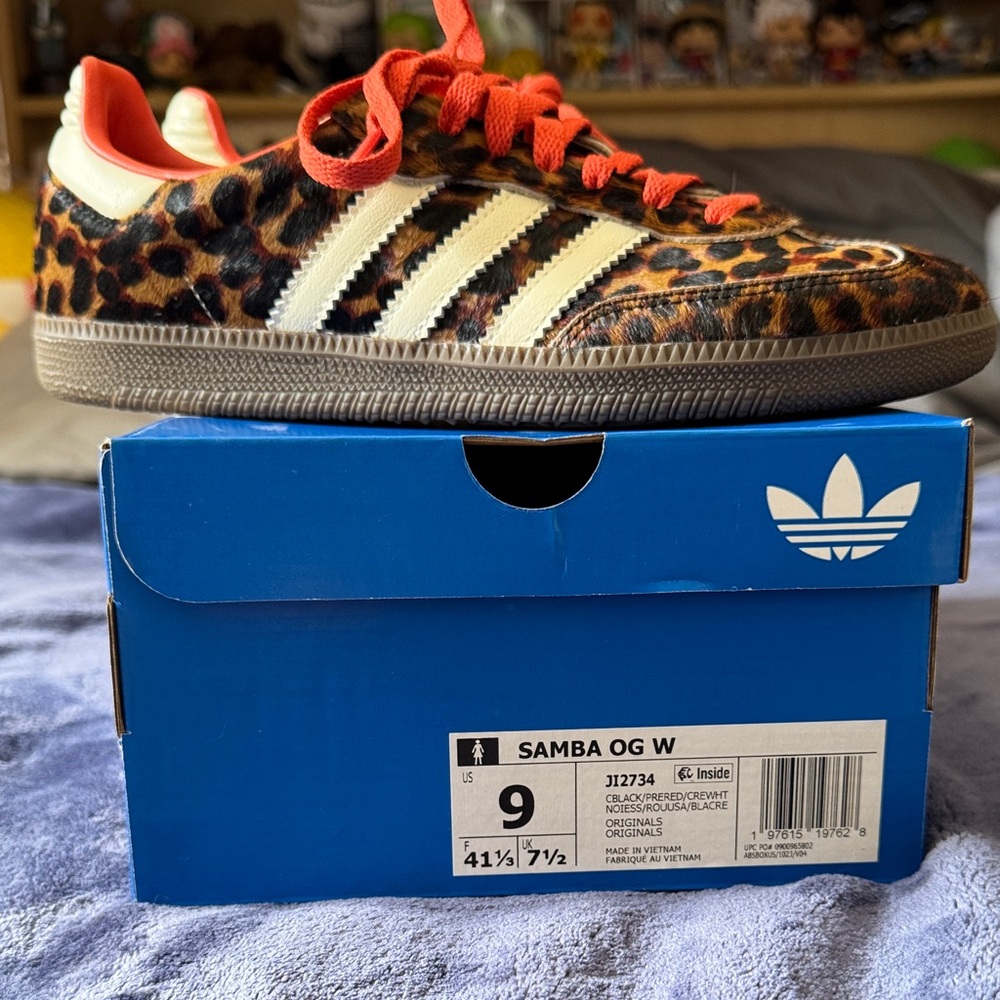 adidas Samba OG W Leopard Print Sneakers with Cream Stripes and Orange Laces